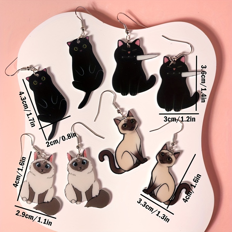 4 Pairs Set Cat Dangle Earrings Acrylic Jewelry Gift